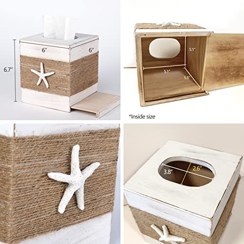 SOMTO Beach Rustic White Wood Square Tissue Box Cover,Farmhouse Bathroom Accessories Starfish Decor Tissue Holder with Slide-Out Bottom Panel… SOMTO