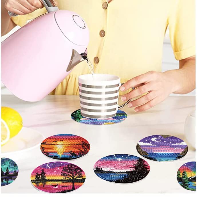 8 Pcs Diamond Art Coasters Kits with Holder, Landscape DIY Diamond Paintings Coaster Kits,Scenery Full Drill Rhinestone Painting Kits for Adults Beginners Art Craft Supplie for Tabletop Protection. eniref