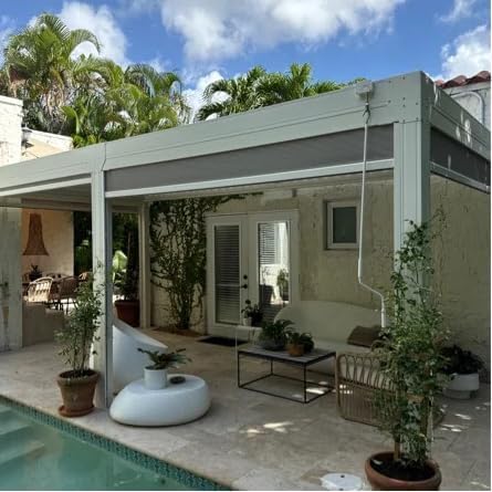 MELLCOM 10x20FT Louvered Pergola with 6-Panel Pull-Down Screen, Aluminum Pergola with Adjustable Rainproof Roof for Patio, Lawn & Garden, White MELLCOM