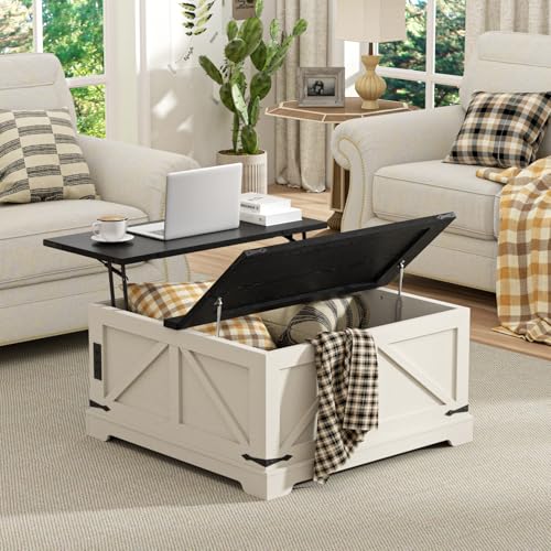 FiveWillowise Farmhouse Lift Top Coffee Table with Large Hidden Storage Compartment, 31.5" W Wood Square Center Table with Charging Station, Rustic Cocktail Table for Living Room, Home Office, White FiveWillowise
