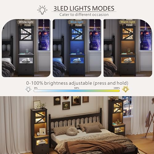 HWB Tall Night Stand with Charging Station and LED Lights, Farmhouse Nightstand with Gun Drawer&Adjustable Shelf, Bedside Table with 3 Drawers for Bedroom, Black HWB
