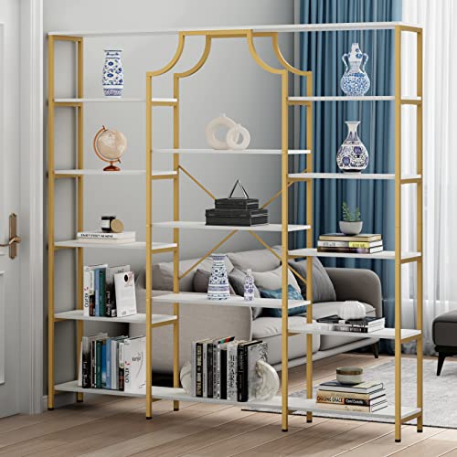 Loomie Gold & White Triple Wide Bookshelf with 13 Open Shelves - Modern Etagere Bookcase for Any Room Loomie