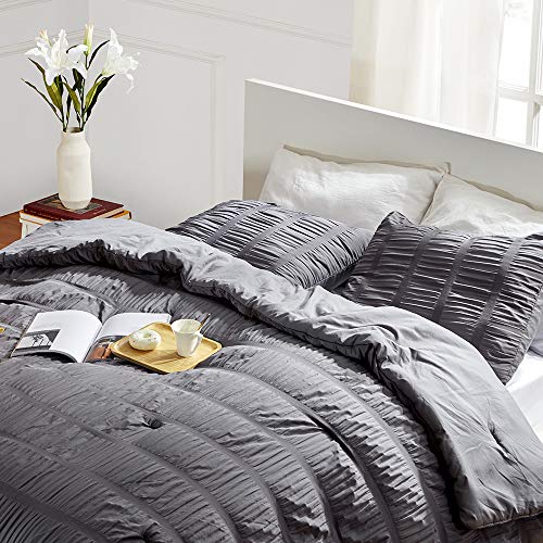 SLEEP ZONE Luxury Seersucker Queen Comforter Set 3-Piece, Soft & Lightweight Down Alternative Duvet Insert with Pillow Sham Cooling for Summer, Gray SLEEP ZONE