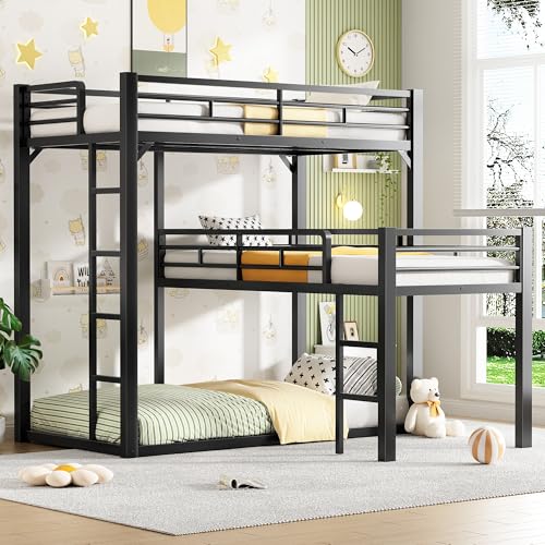 PVWIIK Heavy Duty L-Shaped Triple Bunk Bed for Kids Bedroom,Twin Over Twin Over Twin Metal Bunkbeds with Ladder & Safety Guardrail,Easy Assembly Metal Bed Frame, Black PVWIIK