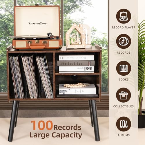 BEROXII Record Player Stand, Mid-Century Record Player Table with Storage Hold Up to 150 Albums , Vinyl Record Cabinet with Adjustable Shelves , Wood Turntable Stand for Living Room Bedroom, (Brown) BEROXII