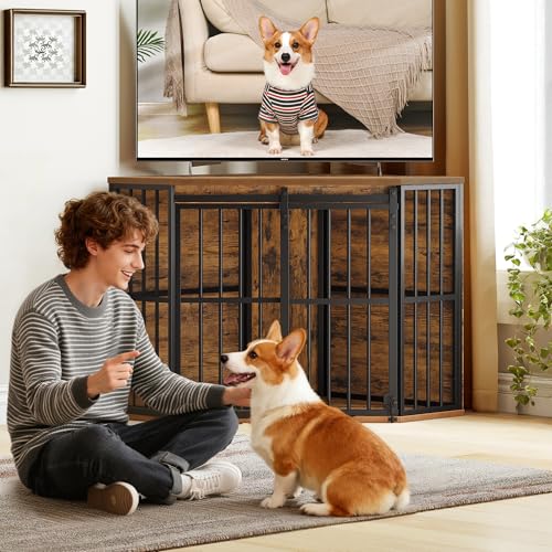 Hzuaneri Corner Dog Crate Furniture with Barn Door, Heavy Duty Dog Kennel Indoor, Wooden Decorative Pet Cage for Small Medium Dogs, Space-Saving TV Stand Anti-Chew Anti-Escape, Rustic Brown DFC88901B Hzuaneri