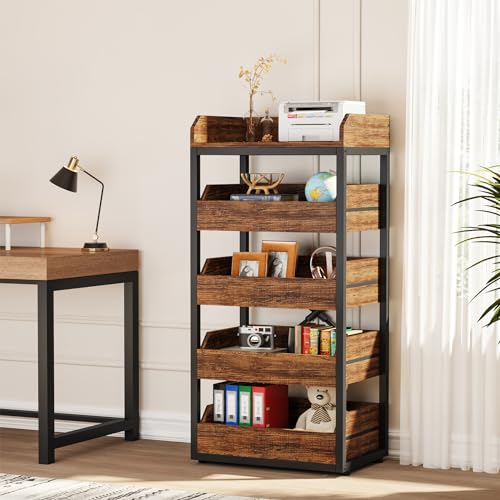 Tribesigns Wood Fruit and Vegetable Storage Rack, 5-Tier Pull-Out Snack Stand Fruit Basket Stand, Utility Shelf Organizer for Kitchen, Living Room, Bedroom, Rustic Brown Tribesigns