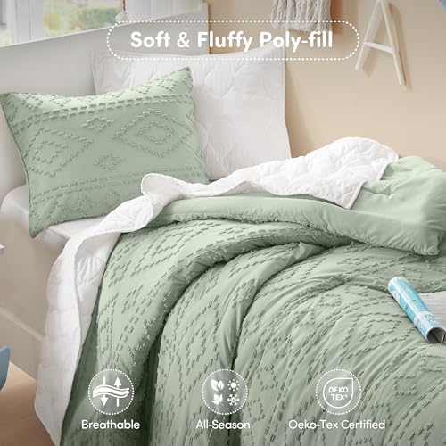 Comfort Spaces Twin/Twin XL Comforter Set for College Tufted Boho Dorm Comforter Set Twin XL Size, All Season Lightweight Bedding Set Soft, Matching Sham Sage Green 2 Piece Comfort Spaces