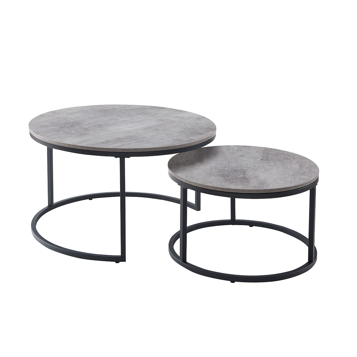 CENSI Round Nesting Coffee Table Set of 2, 31.5" Modern Industrial Center Tables for Living Room, Grey Marble Concrete Wood Finish with Black Metal Frame, Stacking Circle Accent Furniture CENSI