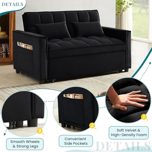 Antetek 3 in 1 Convertible Sleeper Sofa Bed, Modern Velvet Loveseat Futon Couch w/Pullout Bed, Small Love Seat Lounge Sofa w/Reclining Backrest, Toss Pillows, Pockets, Furniture for Living Room, Black Antetek