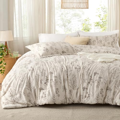 Bedsure Queen Comforter Set - Beige Bed Set, 3 Pieces Cute Floral Bedding, 1 Soft Botanical Flowers Comforter and 2 Pillow Shams Bedsure
