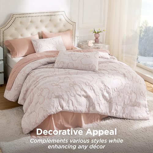 Bedsure Pink Comforter Set Queen, GentleSoft™ 3 Pieces Breathable Bow Comforter Set Women Girls with 2 Pillow Shams, Cute Queen Bedding Sets Pink Room Decor Aesthetic Bedroom Decor, 90x90 Inches Bedsure