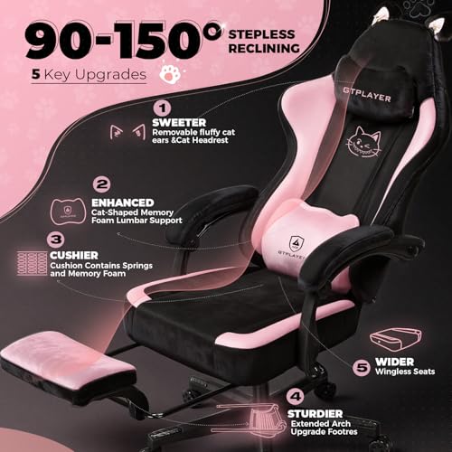 GTPLAYER Pink Gaming Chair Cute with Cat Ears Ergonomic Computer Chair with Cat Embroidery Adjustable Memory Foam Lumbar Support and Headrest Comfortable Reclining Office Chair Soft Velvet Fabric GTPLAYER