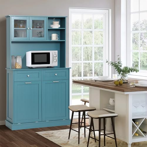LOUVIXA Kitchen Pantry Storage Cabinet, Microwave Cabinet with Tilt Out Trash Cabinet, Freestanding Kitchen Hutch,Tall Pantry Cabinet Cupboard (Blue) LOUVIXA