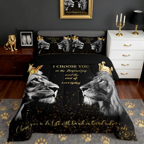 3D Lion Couple Comforter Set Queen Size,Golden Glitter King and Queen Crown Bedding Set for Kids Girls Women Men Bedroom Decor,African Wild Animals Quilt Set Valentine's Day Duvet Insert,Black Castle Fairy