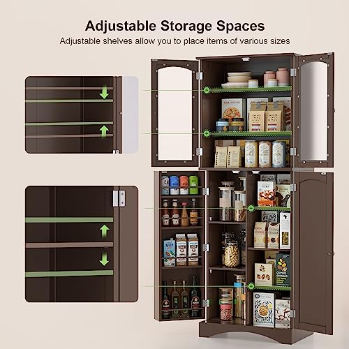 Gizoon 64" Kitchen Pantry Cabinet, Tall Storage Cabinet with Glass Doors and Adjustable Shelves, Freestanding Floor Cabinet Cupboard for Kitchen, Living Room, Dining Room (Dark Brown) Gizoon