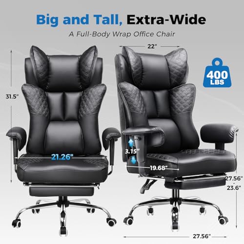 GTRACING Big and Tall Office Chair 400LBS Wide Ergonomic Gaming Chair with Deluxe Embossing Designed Leather with Foot Rest,150°Reclining Adjustable Soft Armrests Pocket Spring Back Support and Pillow GTRACING