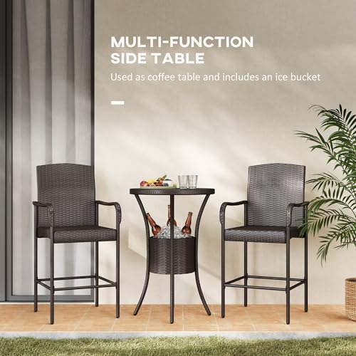 Outsunny 3 Pieces Rattan Wicker Bar Set with Ice Buckets, Patio Furniture with 1 Bar Table and 2 Bar Stools for Poolside, Backyard, Porches, Dark Brown Outsunny