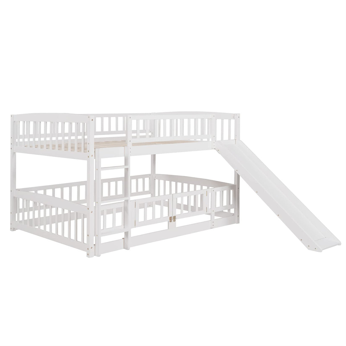 Bellemave Full Over Full Low Bunk Bed with Slide and Fence Railings Wood Floor Bunk Beds with Ladder for Toddler Kids Boys Girls Teens, White Bellemave