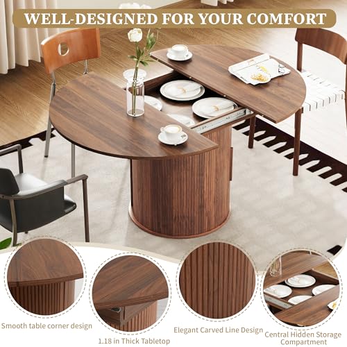 weselon 43"-59" Extendable Round to Oval Dining Table with Hidden Storage, Modern Wooden Kitchen Table with Fluted Sliding Door Cabinet, Expandable Dinner Table for Dining Room Living Room (Walnut) weselon