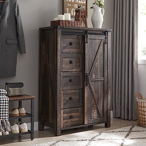 T4TREAM 5 Drawers Dresser for Bedroom w/Sliding Barn Door, Farmhouse Modern Tall Dresser 5 Chest of Drawers, Storage Organizer Dresser for Bedroom, Hallway, Living Room, Kids Room, Dark Rustic Oak T4TREAM