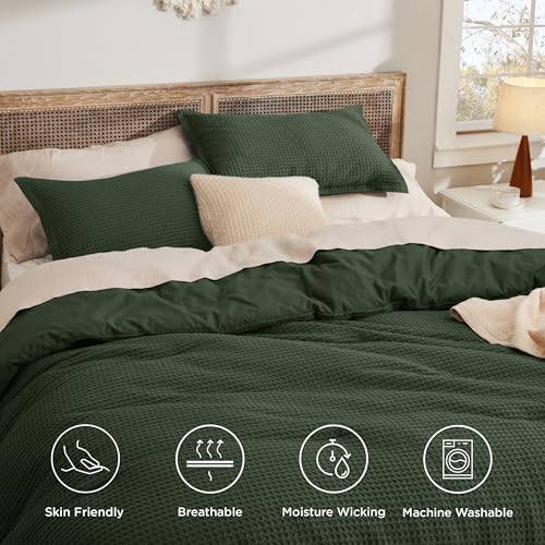 Bedsure Waffle Comforter Set King, Olive Green Soft Bedding, Waffle Weave Bed Set, 3 Pieces, 1 Comforter (104"x90") and 2 Pillow Shams, Cotton Shell and Polyester Lining for All Seasons Bedsure