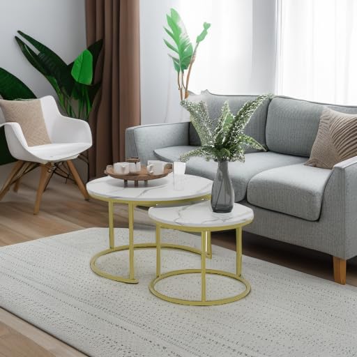 Smuxee White Nesting Coffee Table Set of 2, 27.6" Round Coffee Table Wooden Marble Pattern with Adjustable Non-Slip Feet, Industrial End Table for Living Room Bedroom Balcony Smuxee