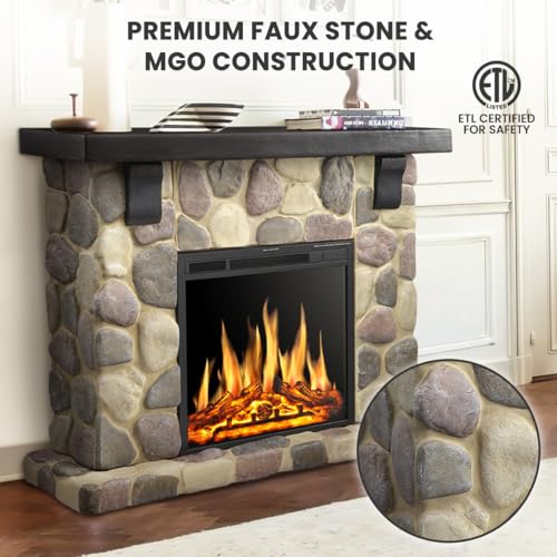 Electactic 50" Electric Fireplace TV Stand, Fireplace with Faux Stone-Look Mantel, Realistic 3D Flame Effect, 7 Brightness, 750W/1500W Dual Heat Settings, Remote Control for Living Room/Bedroom(Round) Electactic