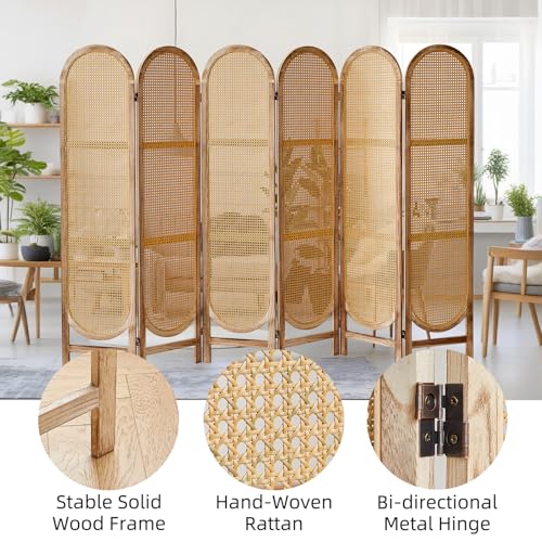 Asnefeli 6 Panels Room Divider, Foldable Wooden Room Divider, Individual Privacy Screen Made of Hand-Woven Rattan, Portable Wall Divider for Home Office Bedroom Bathroom Dressing Room (Natural) Asnefeli