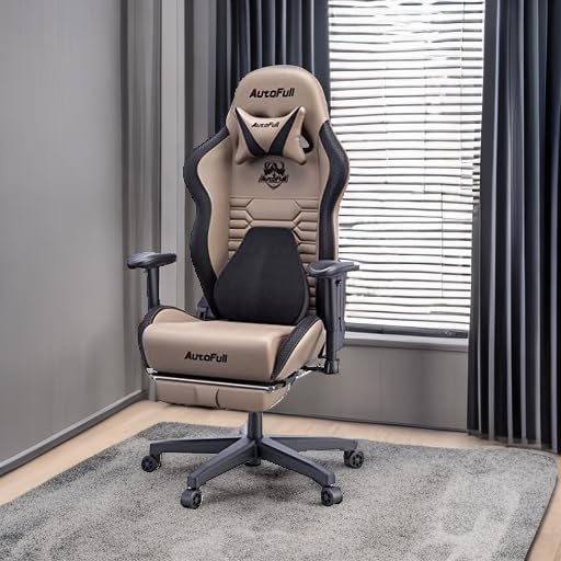 AutoFull Gaming Chair, Racing Style Gaming Chair with Ergonomic Lumbar Support,Adjustable High Back PU Leather PC Chair with Footrest,Brown AutoFull