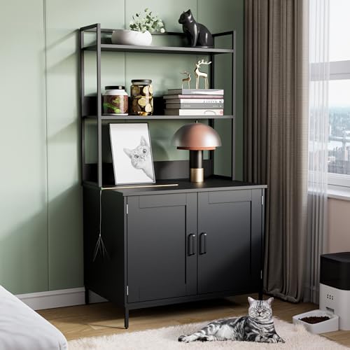 Cozy Castle Litter Box Enclosure with 2 Storage Shelves and 2 Doors, Hidden Cat Litter Box Enclosure Furniture with Shelf, Indoor Cat House Furniture for Most of Litter Box, Black Cozy Castle