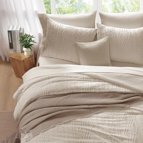 AMBERSPACE Queen Comforter Set Beige, Tufted Boho Bedding Farmhouse Bed Set, All Season 7 Pieces Bed in a Bag with Sheets, Pillowcases & Shams AMBERSPACE