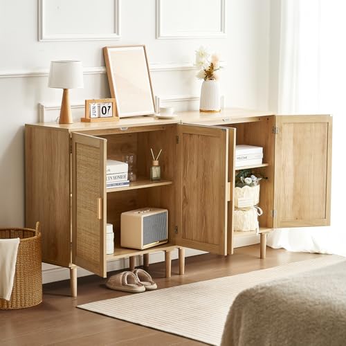 VEVOR Rattan Buffet Cabinet with Storage, 4 Magnetic Doors and Adjustable Shelves, Sideboard for Hallway, Living Room, Kitchen, Natural VEVOR