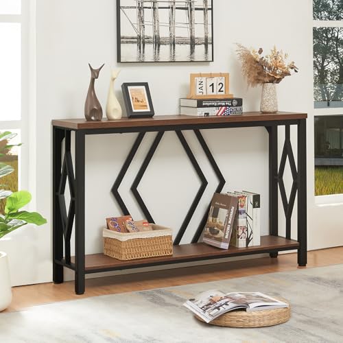 HOMBAZAAR Entryway Console Table,2 Tier Industrial Sofa Table with Metal Frame,Rustic Hallway Table with Storage for Living Room,Foyer,Brown,47inch HOMBAZAAR