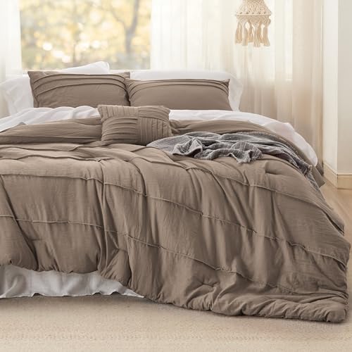 Bedsure Twin Comforter Set - 3 Pieces Pinch Pleat Bed Set, Brown Boho Bedding for All Season, 1 Soft Comforter, 1 Pillowcase, 1 Decorative Pillow Bedsure