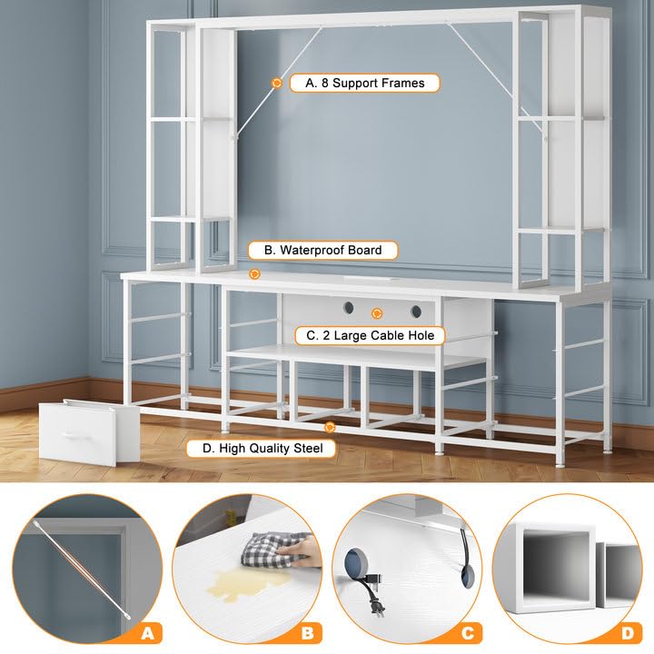 78.6" W Stands for Living Room, Large Wall Unit Entertainment Center with 11 Fabric Drawer,Dresser TV Stand with 2 LED Lights & Power Outlets,TV Stand for Bedroom with Storage Shelves,White EnHomee