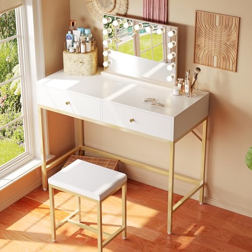 SUPERJARE 31.5" White and Gold Desk with 2 Drawers, Modern Makeup Vanity with Padded Stool, Small Computer Desk Home Office Desk for Writing Study Bedroom SUPERJARE