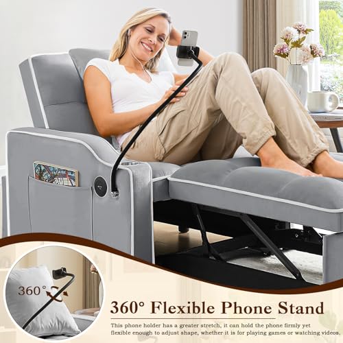 KINFFICT Sleeper Sofa Chair Bed, Convertible 3-in-1 Armchair, Adjustable Sleeper Chair with Pullout Bed, Single Lounger Futon with Side Pockets for Living Room (Grey) KINFFICT