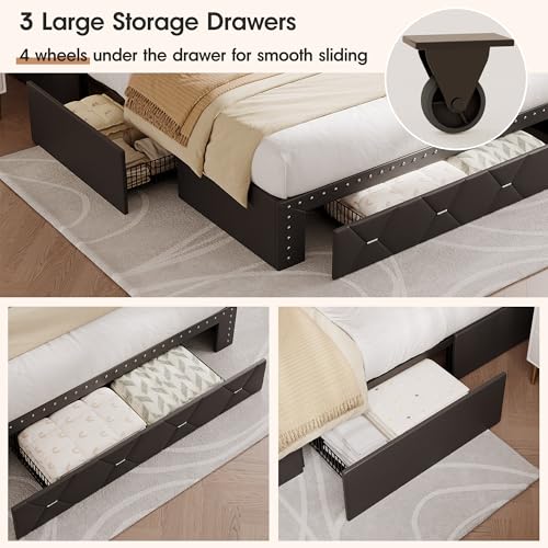 Maupvit Black Full Bed Frame with LED Lights and Storage Drawers, PU Upholstered Platform Bed Frame with LED Lights and Charging Station, 3-Tier Shelves, Rivet Trim, No Box Spring Needed, Noise Free Maupvit