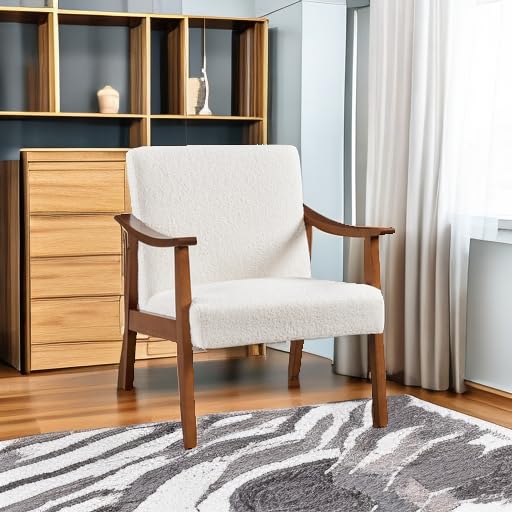 Yaheetech Fabric Accent Chair, Mid-Century Modern Armchair with Solid Wood Legs, Reading Leisure Chair with High Back for Living Room Bedroom Waiting Room,Ivory Yaheetech