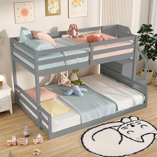 Giantex Twin Over Full Bunk Bed with Stairs, Solid Wood Floor Bunk Bed with Storage Staircase & Full-Length Guardrails, Low Bunk Bed with for Kids, Teens, Adults, Dorm, Small Space, Grey Giantex