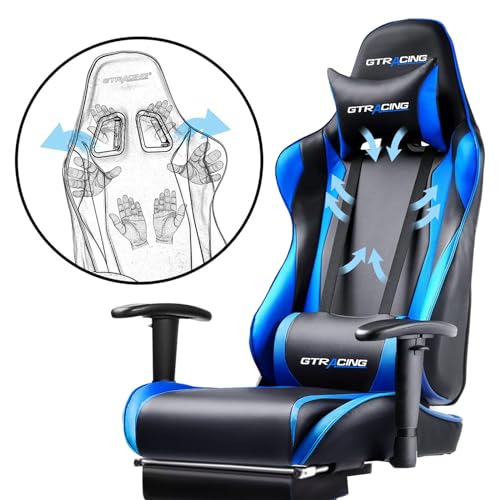 GTRACING Gaming Chair with Footrest, Ergonomic Computer Game Desk Chair, Reclining Gamer Chair Seat Height Adjustment, Swivel Rocker with Headrest and Lumbar (Navy Blue) GTRACING