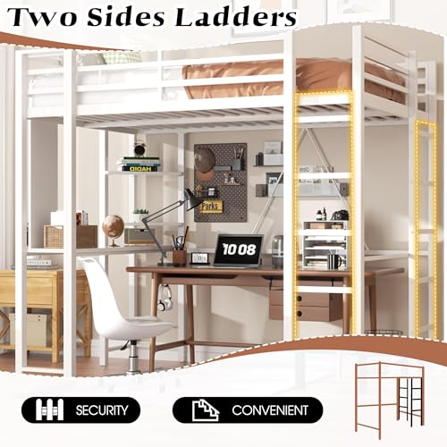 Shintenchi Twin Size Loft Bed with Desk, Metal Frame with 2 Side Ladders, Storage Shelves, Safety Guardrail, Noise Free & Anti-Tilt Design, Space-Saving for Kids/Teens/Adults, White Shintenchi
