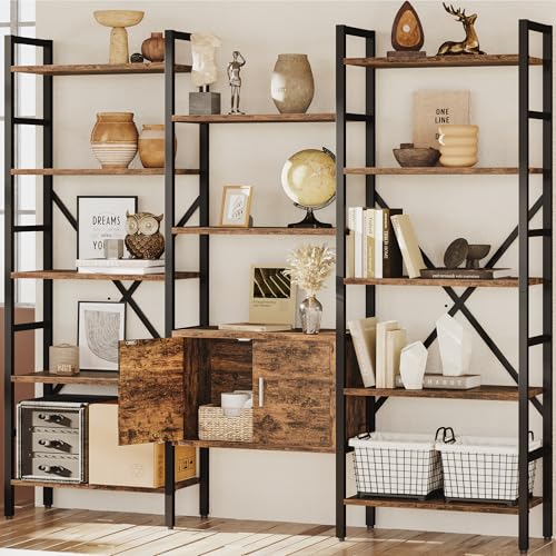 70 x70" Triple 5 Tier Book Shelf, Industrial Large Bookcase with Storage Cabinet, Tall Bookshelf with 14 Open Display Shelves Metal Frame Furniture for Living Room Bedroom Home Office Rustic Brown astimey