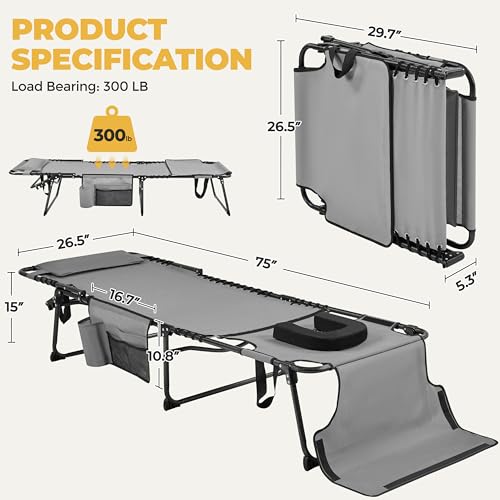 Yaheetech 26.4" Tanning Chair with Face Hole, Adjustable 5-Position Folding Chaise Lounge Chairs, Outdoor Lounge Chairs for Lawn, Beach, Patio, Gray