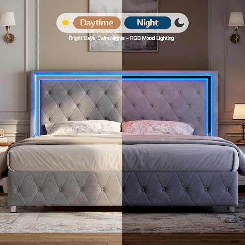 Jocisland Full Bed Frame with LED Lights Headboard&Footboard, Velvet Upholstered Full Size Platform Bed Frame No Box Spring Needed/Light Grey Jocisland