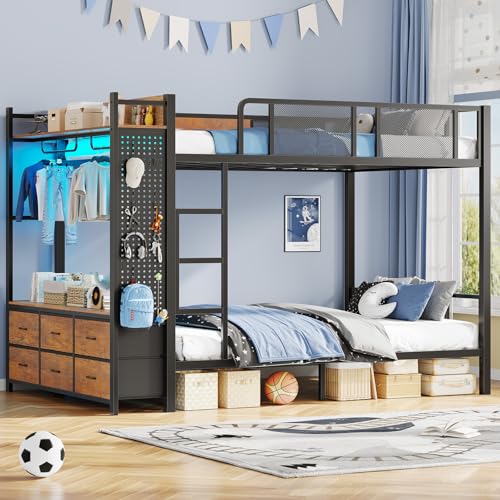 Itaar Metal Bunk Bed Full Over Full with Hall Tree, Power Outlet, LED Bunk Bed with 6 Storage Drawers, Bed with 13‘’ Safety Guardrail & Ladders for Kids and Teen, 400lb Weight Capacity, Rustic Brown Itaar