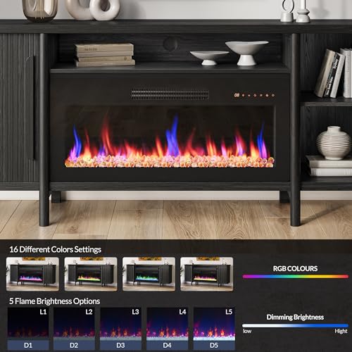 BELLEZE 66" TV Stand with 36" Electric Fireplace, Wood Console Table for TVs up to 75 Inches, Entertainment Center with Storage Cabinets for Living Room, Bedroom - Portman (Espresso Black) BELLEZE