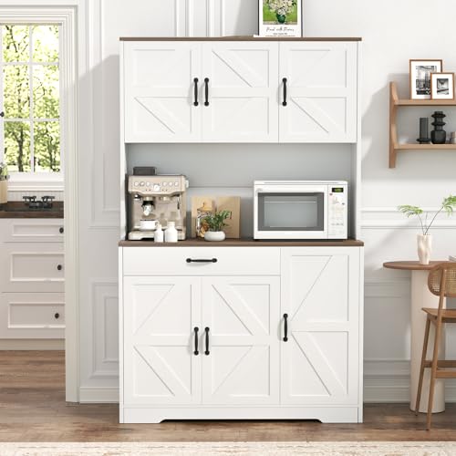 GRUSIGN 71" Pantry Cabinet with Charging Station, Large Capacity Kitchen Hutch Storage Cabinet, Kitchen Cabinet with Microwave Stand, Storage Drawers & Adjustable Shelves for Dining Room, White GRUSIGN