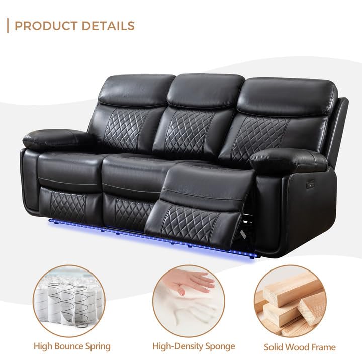 Power Recliner Sofa Set 3 Piece with Bass Speakers for Living Room,Faux Leather 3 Seater Reclining Couch with Wireless Charger and Loveseat Theater Seating,Electric Recliner Chair with LED Light,Black Comfort Stretch